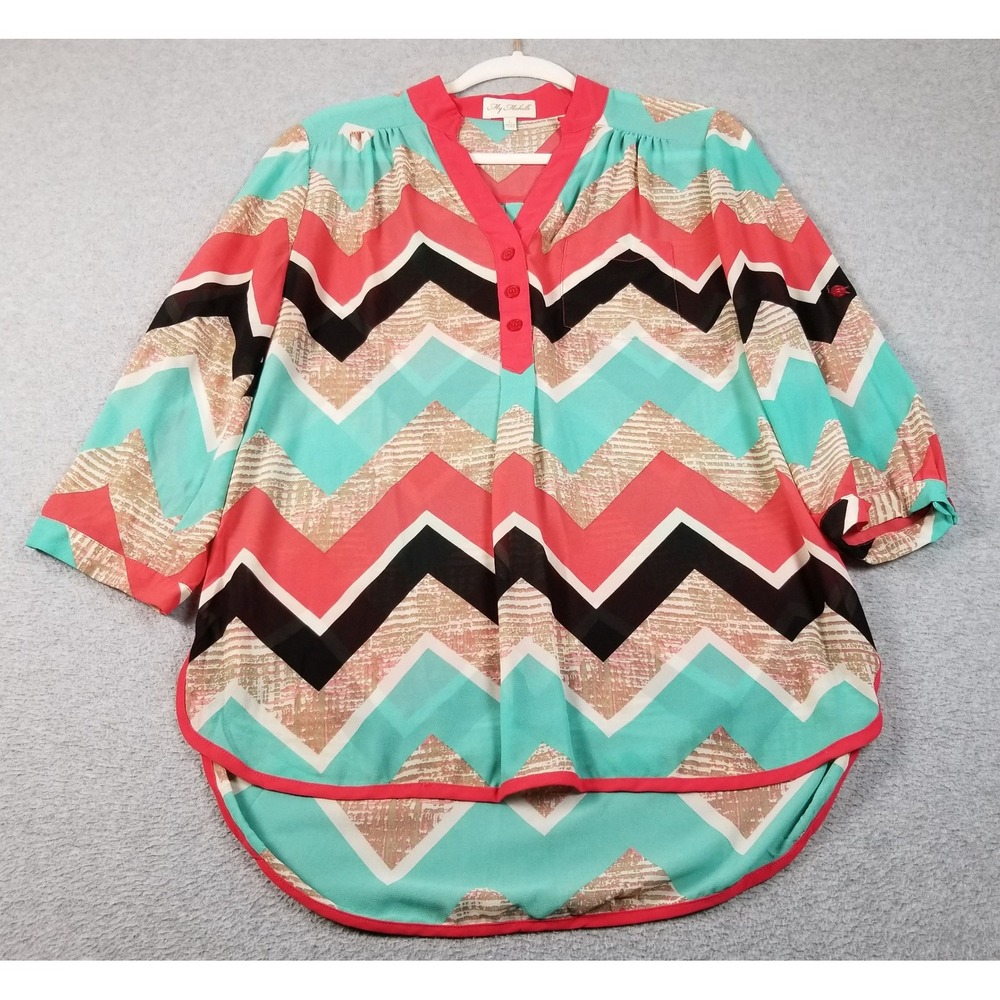 My Michelle Blouse Women's Large L Chevron Geo Sheer 3/4 Sleeves High Low Tunic